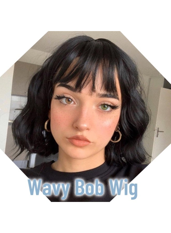 CLENEA Short Black Bob Wig With Bangs Synthetic Natural Hair Wigs for Women Wavy Shoulder Length Wig Water Wave - Image 2